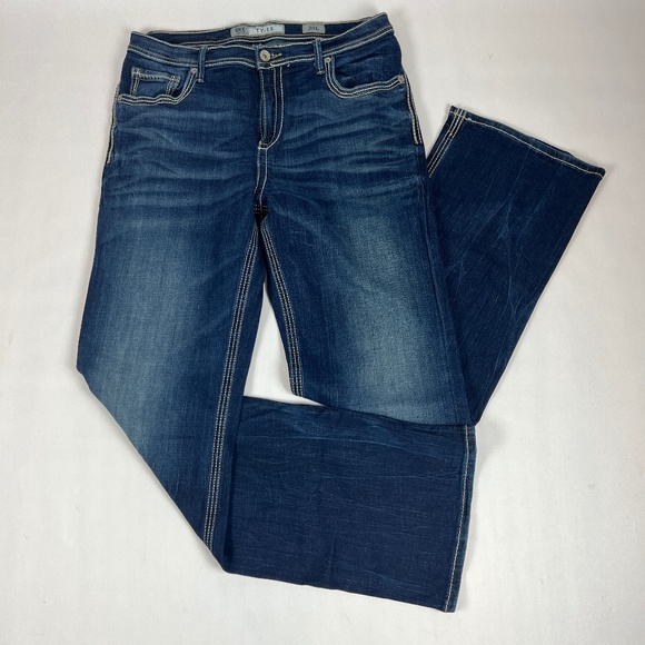 BKE Mens Jeans 34L Blue Tyler Straight Leg Stretch Whiskers Bold Stitch (33 x 33